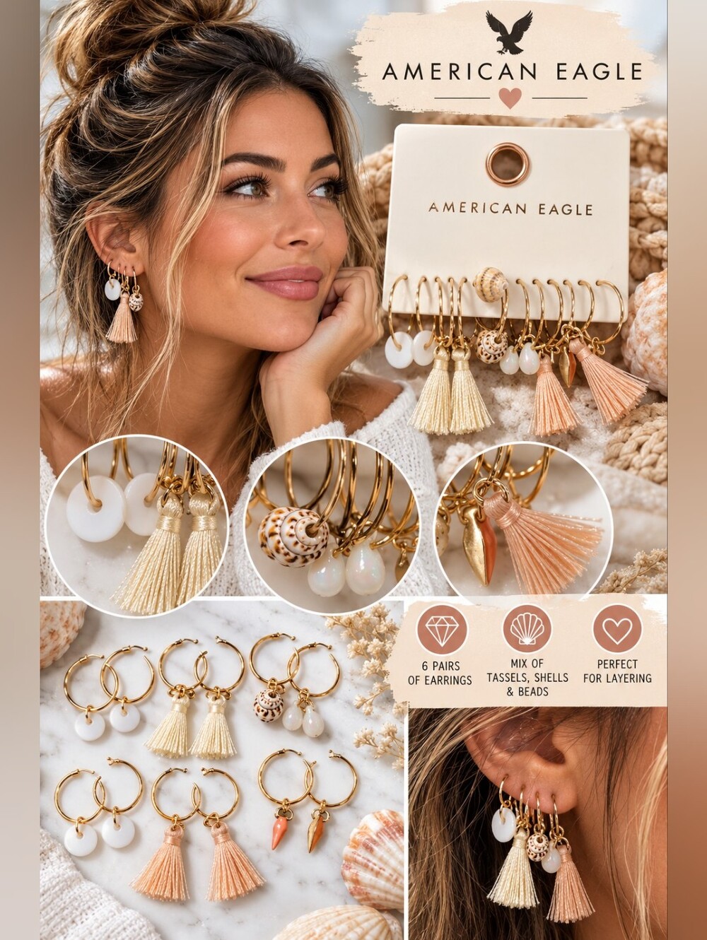 American Eagle Outfitters Gold Hoop Earring Set with Cream & Peach Tassels